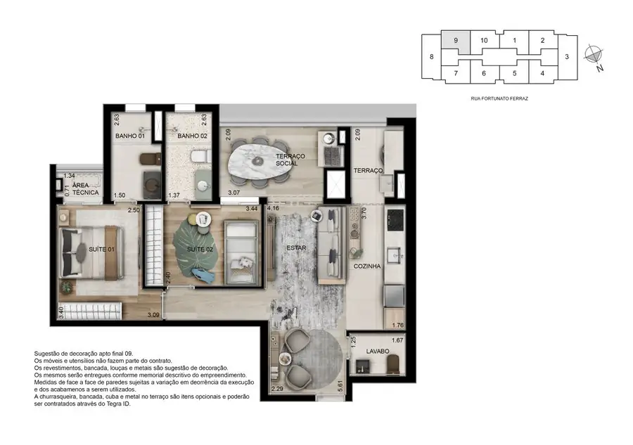 Planta baixa do apartamento de 2 dormitórios com 72m² do Nova Vivere Caminhos da Lapa
